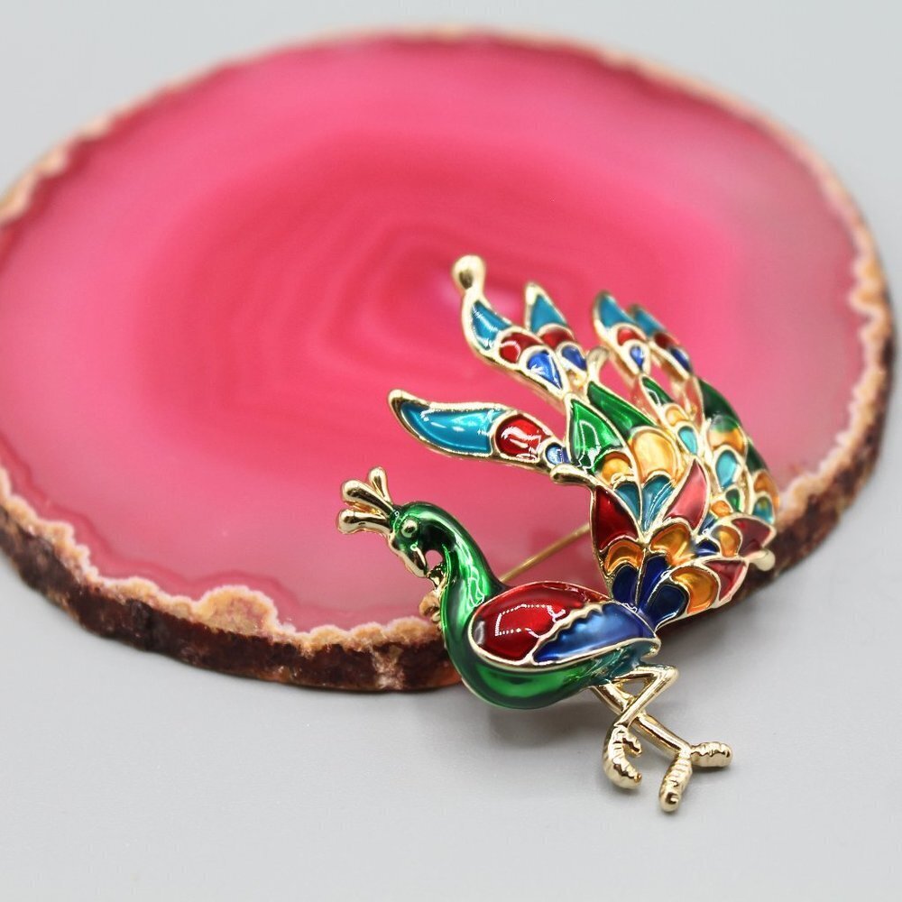 Peacock jewelry pin brooch elegant colorful yellow gold tone brand new beautiful